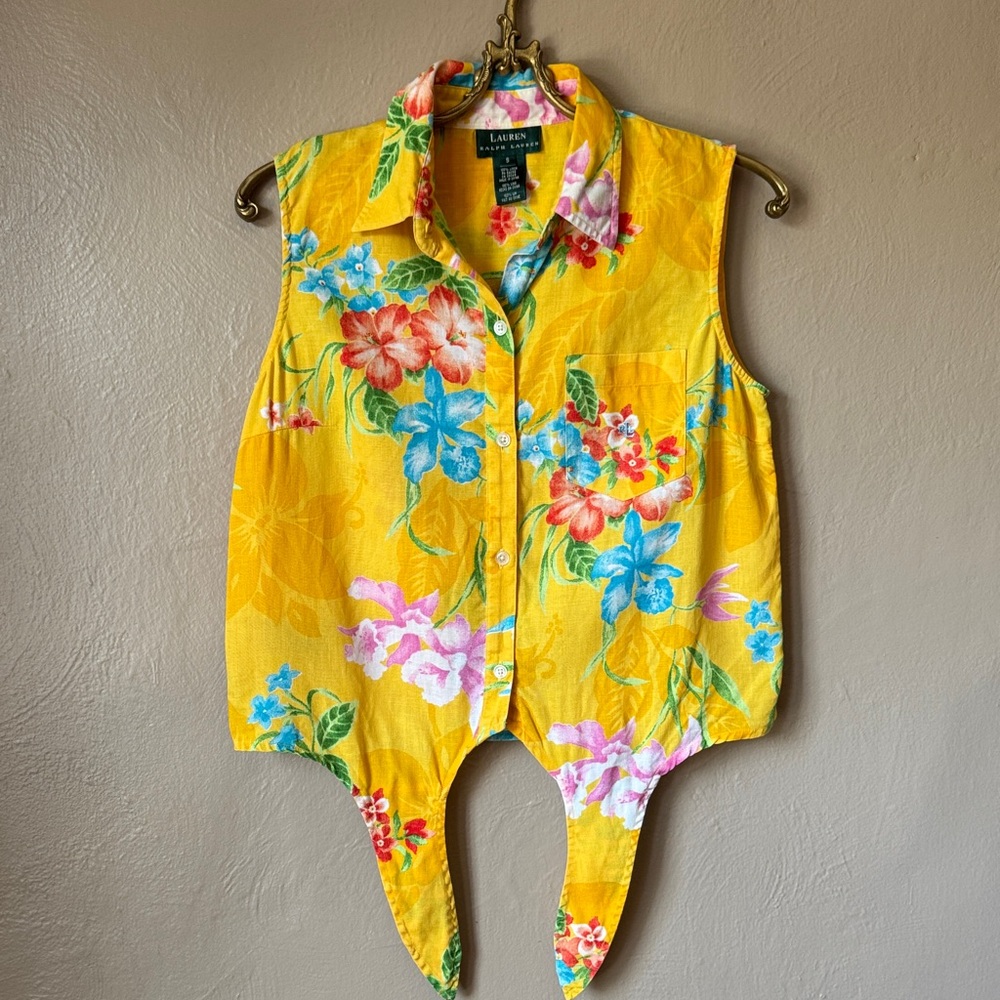 Ralph Lauren Vintage Floral Sleeveless Front Tie Linen Blouse